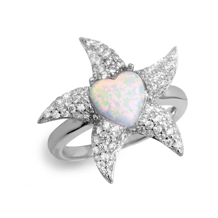 Silver 925 Rhodium Plated Starfish Ring with Synthetic Opal and CZ – BGR01049