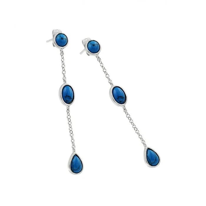 Silver 925 Rhodium Plated Three Oval Blue CZ Wire Dangling Stud Earrings – BGE00389
