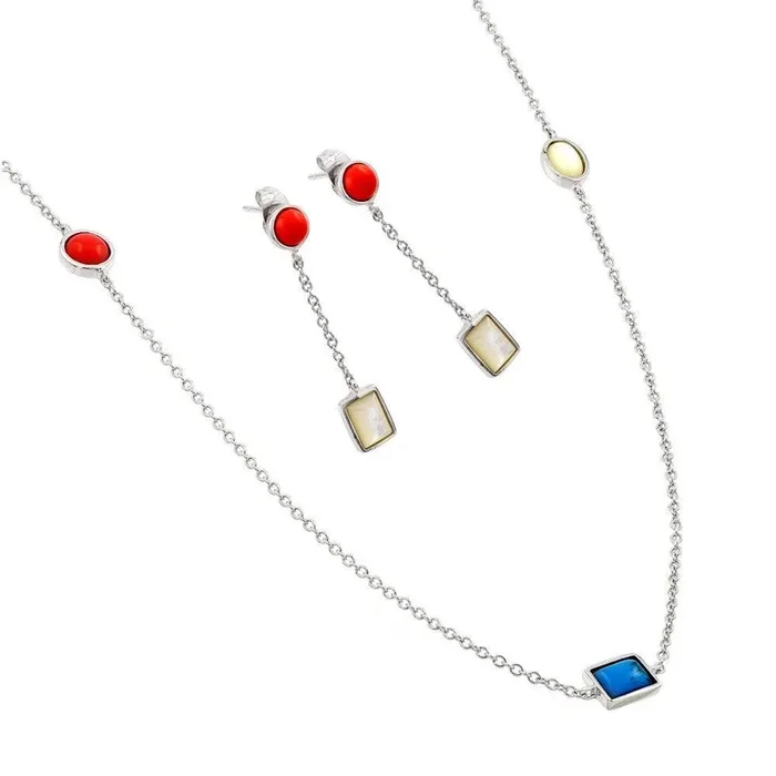 Silver 925 Rhodium Plated Turquoise Coral White Abalone Shell Dangling Stud Earring and Necklace Set – BGS00416RHD