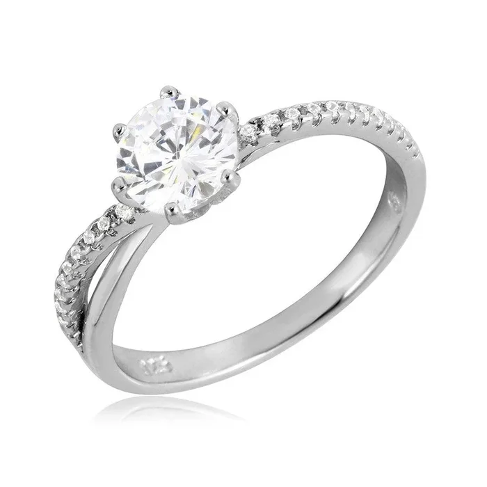 Silver 925 Rhodium Plated Twisted CZ Shank Round Center Stone Ring – BGR01069