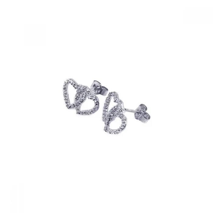 Silver 925 Rhodium Plated Two Heart CZ Post Earrings – STE00216