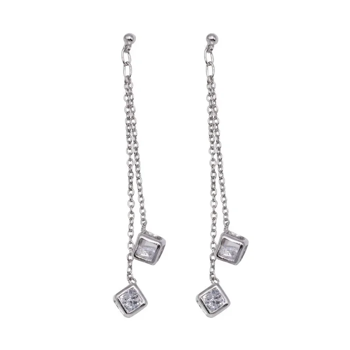 Silver 925 Rhodium Plated Two Wire Dangling Block CZ Hook Earrings – DSE00025