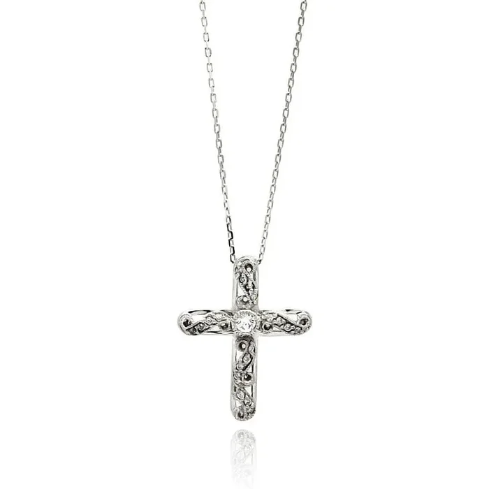 Silver 925 Rhodium Plated Wave Cross CZ Necklace – BGP00523