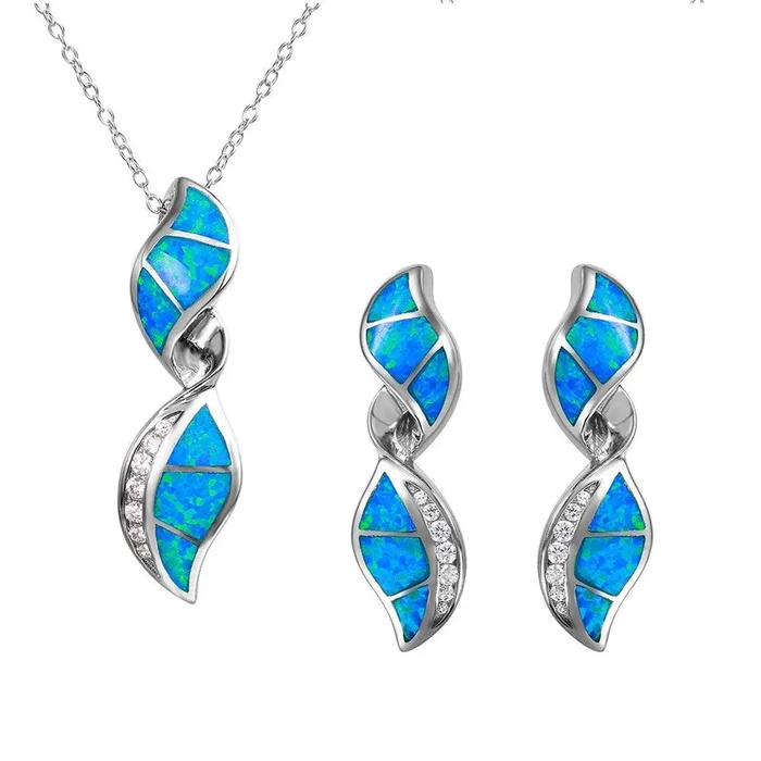 Silver 925 Twisted Design Set with Blue Synthetic Opal and CZ – BGS00466