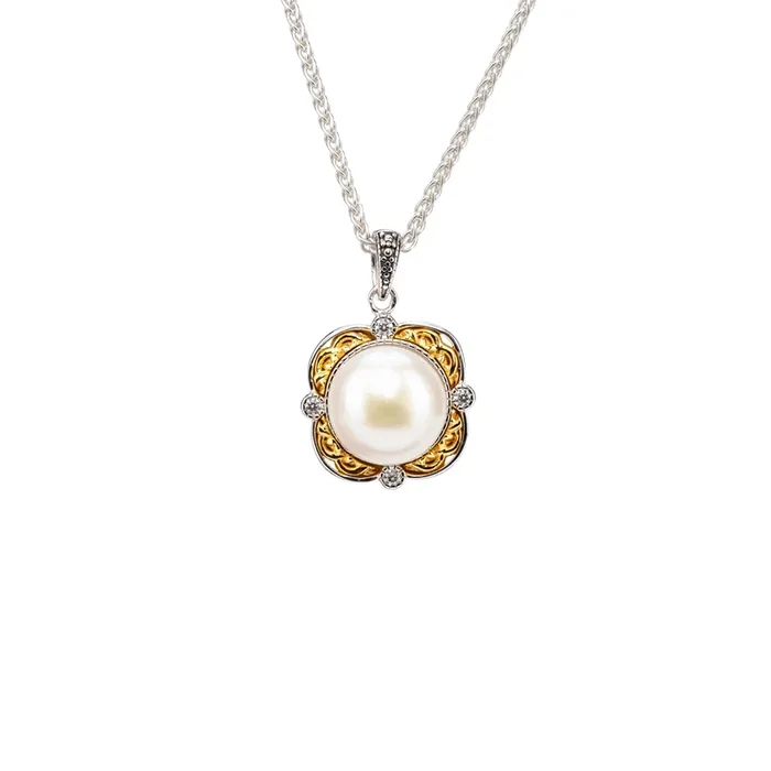 Silver and 10k Gold Aphrodite Pendant Framed White Fresh Water Pearl