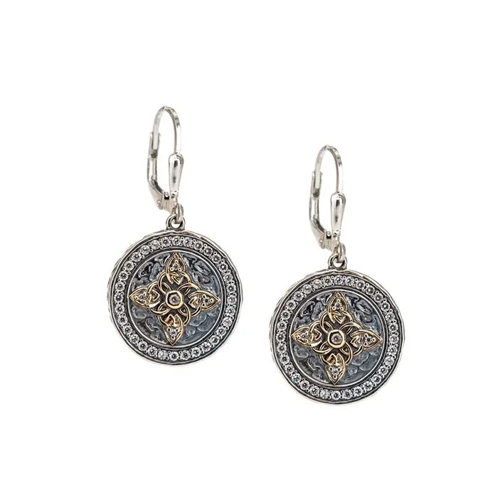 Silver and 10k Gold Celestial Round Leverback Earrings – Cubic Zirconia