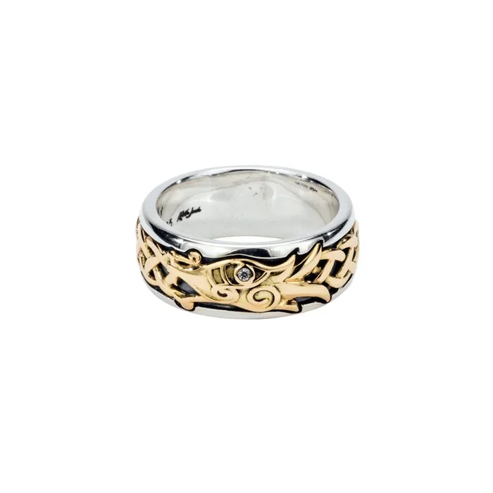 Silver and 10k Gold Celtic Dragon Ring – White Sapphire Eye