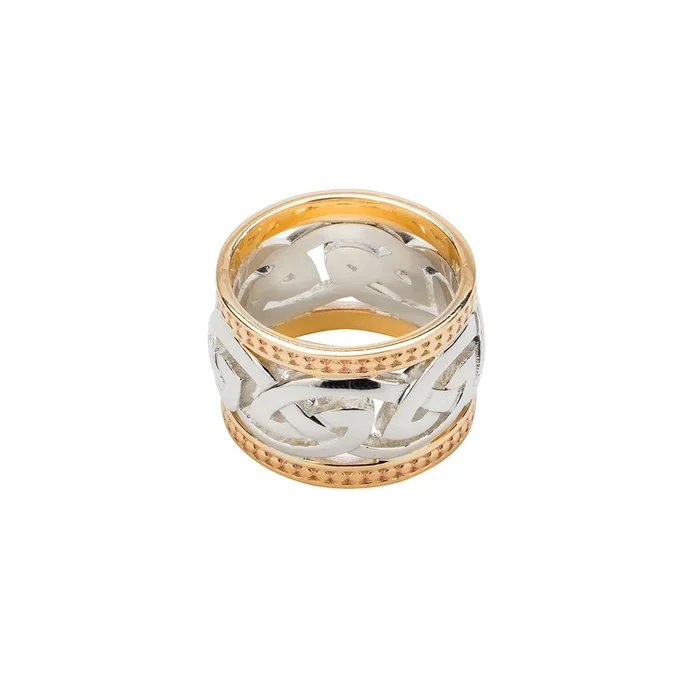 Silver and 10k Gold Celtic Eternity Knot with Beaded Rails ‘Morar’ Extra Wide Ring