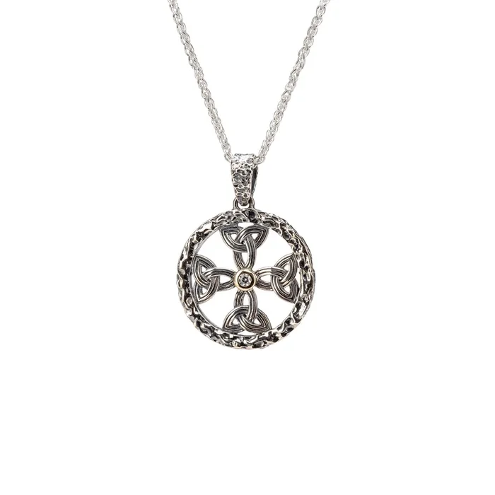 Silver and 10k Gold Celtic Trinity Circle Cross Pendant – Cubic Zirconia