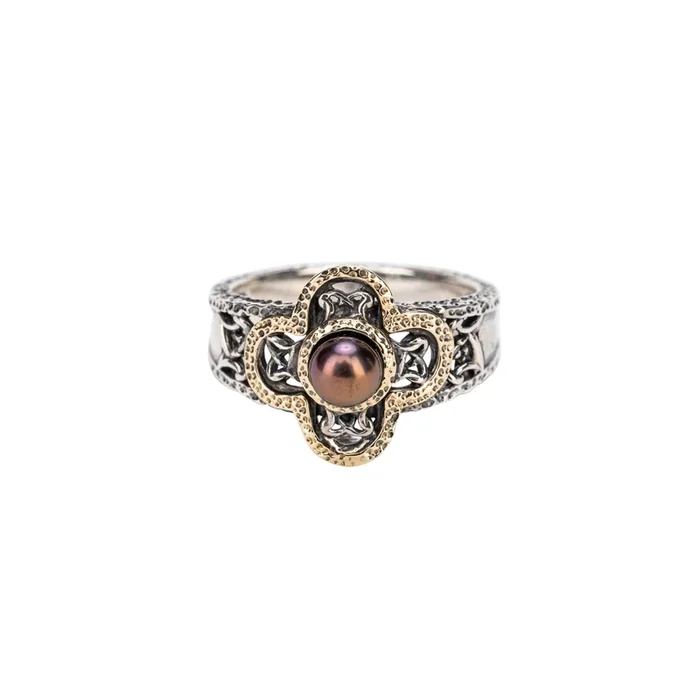 Silver and 10k Gold Peacock Fresh Water Pearl Aphrodite Ring