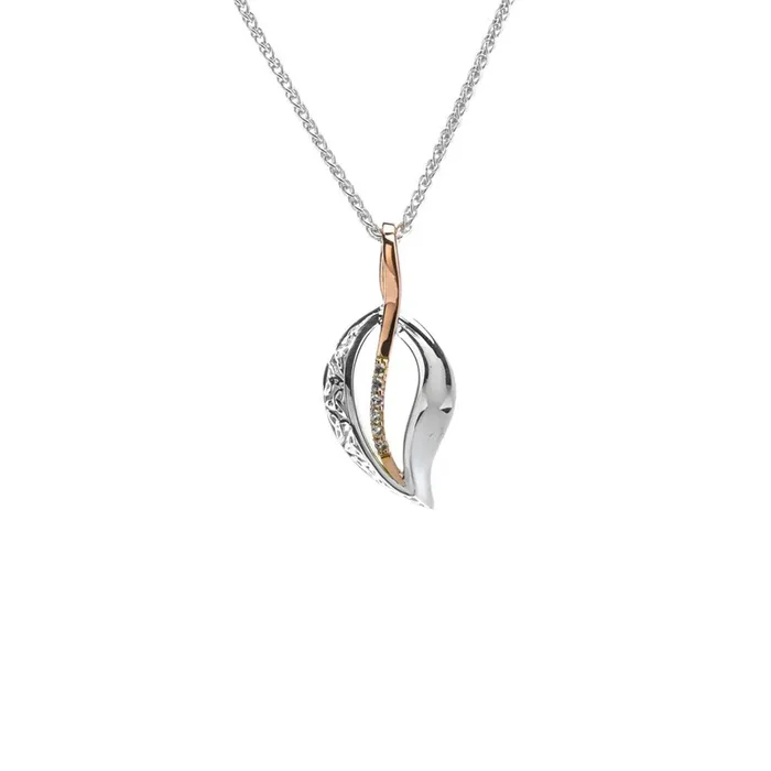 Silver and 10k Rose Gold Trinity Leaf Pendant-White Sapphire- Small