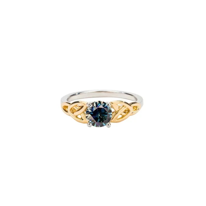 Silver and 10k Yellow Gold 1 carat Mystic Blue Moissanite Trinity Ring