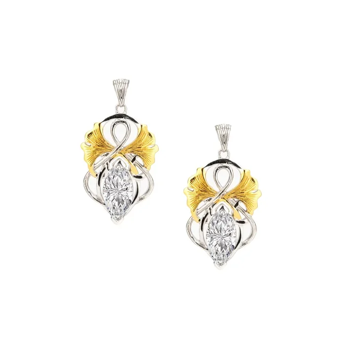 Silver and 18k Vermeil with White Moissanite Ginkgo Leaf Angel Drop Earrings