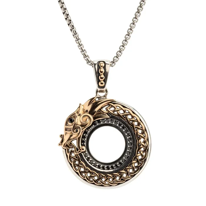 Silver and Bronze Celtic Dragon Open Weave Pendant – Black Cubic Zirconia