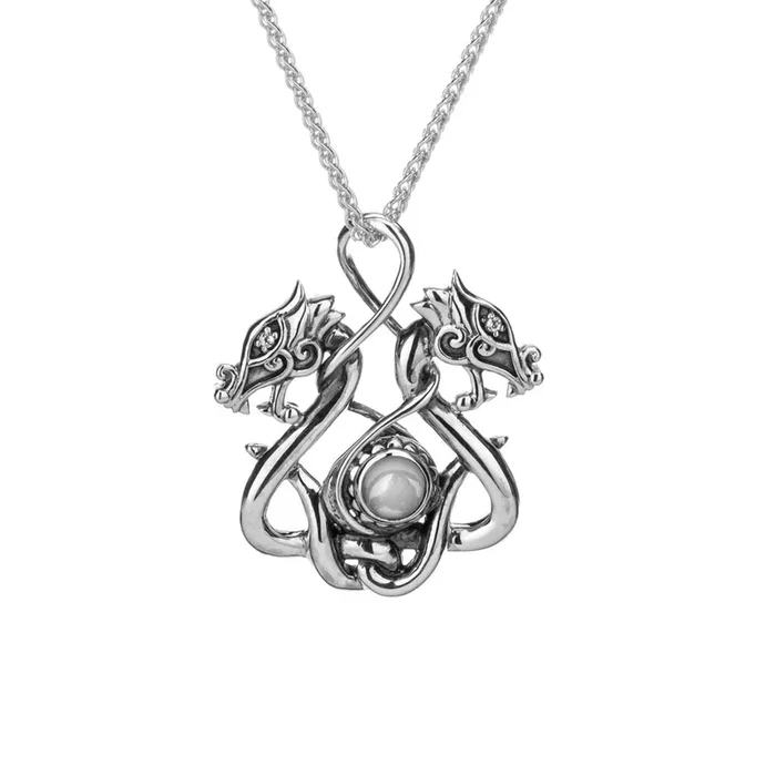 Silver Double Headed Dragon Pendant – White Topaz