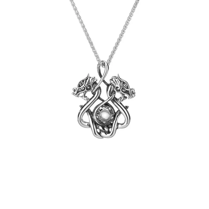 Silver Double Headed Dragon Pendant Small – White Topaz