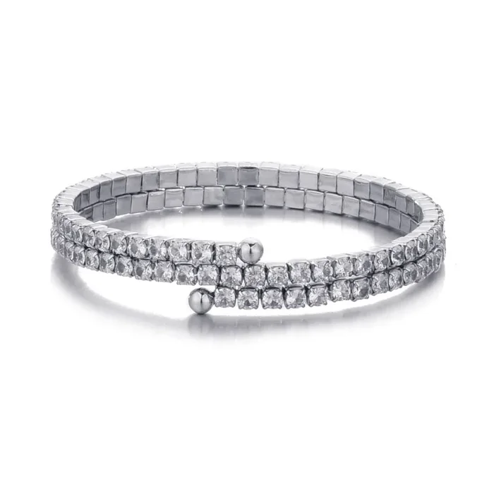 Silver Plated Coil Stretch Crystal Tennis Wrap Bracelet
