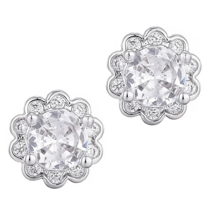 Silver Plated Floral Halo CZ Stud Earrings