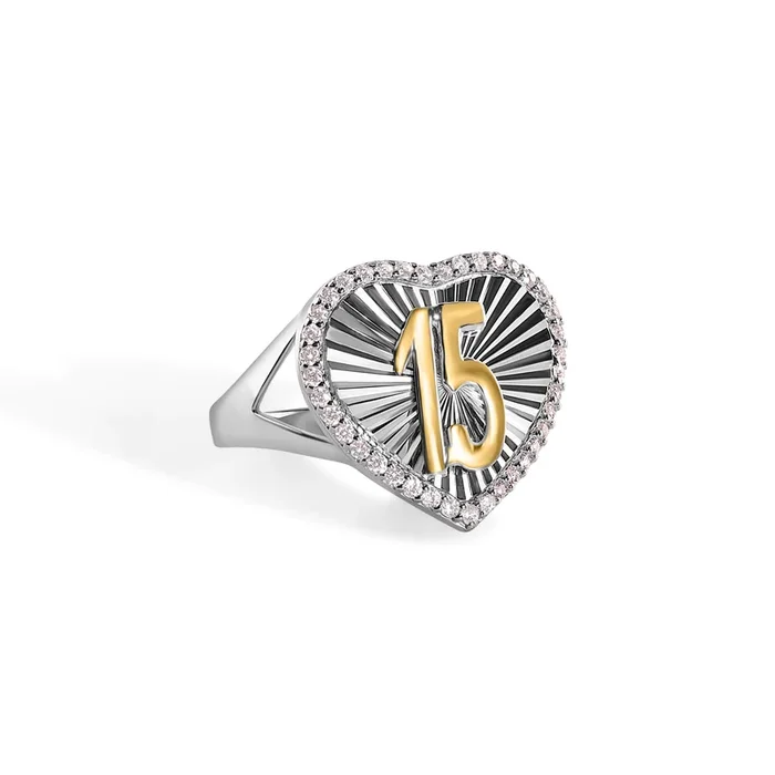 Silver Rhodium Plated Quinceanera Diamond Cut 2 Toned Heart CZ Ring – GMR00358RG