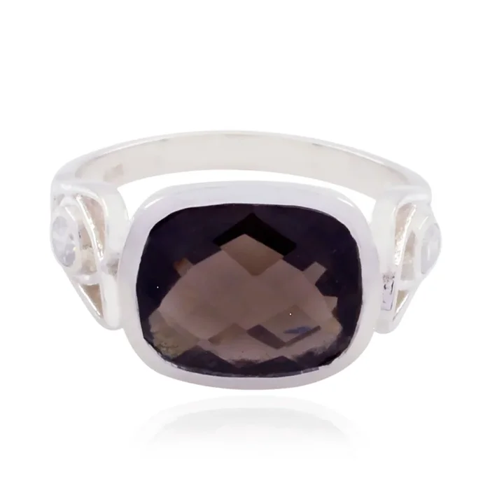 smoky quartz Halo Indian Sterling Silver Brown Gemstone Slim Boho Ring Jewellery