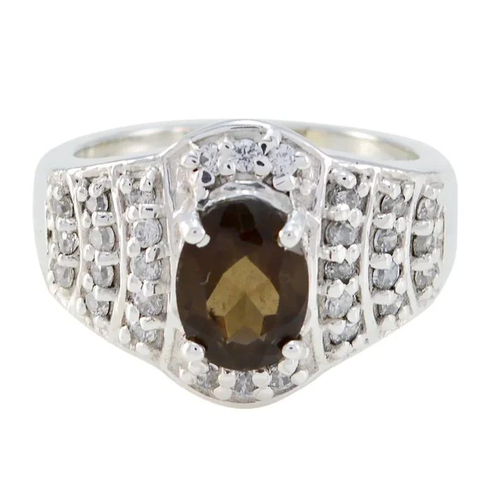 smoky quartz Halo Russian 92.5 Silver Brown Gemstones Mid-weight Graceful Ring Jewelry