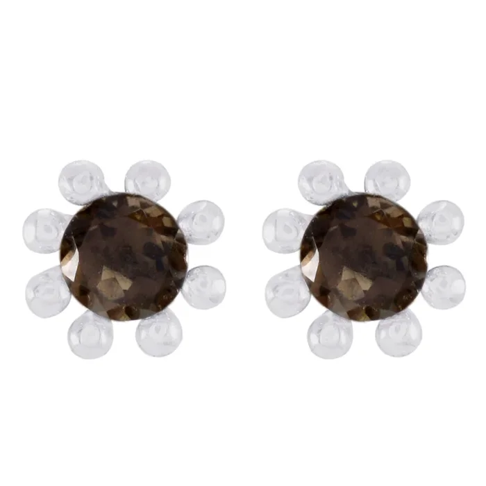 Smoky Quartz Middle Eastern Isadora Solitaire Stud Brown Silver Earring