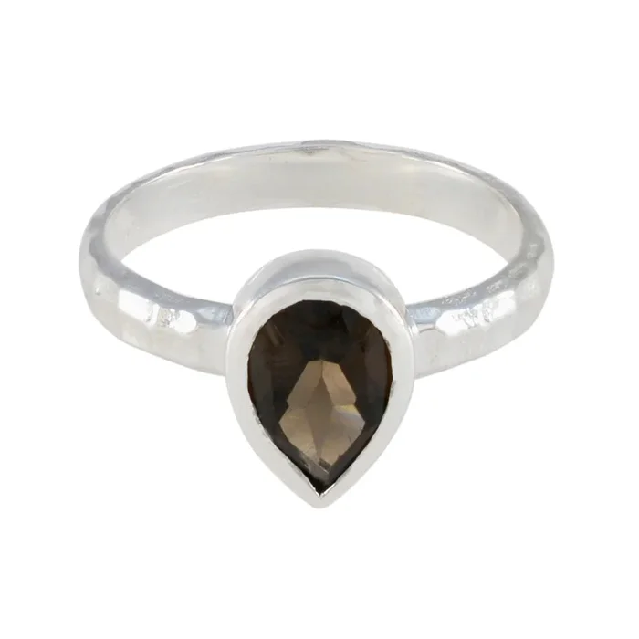 Smoky Quartz Solitaire Indian Silver Brown Gems Featherlight Graceful Ring Jewelry