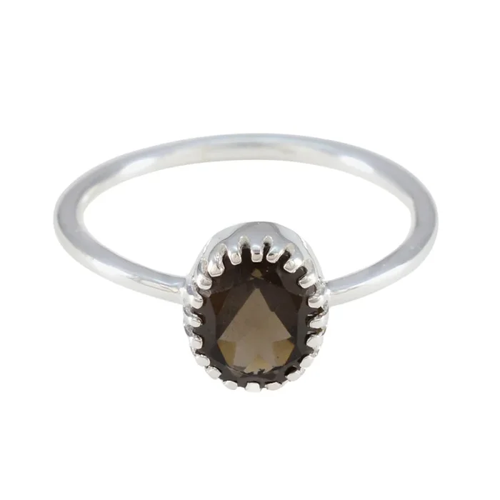 Smoky Quartz Solitaire Japanese Silver Brown Gemstones Delicate Glamorous Ring Jewellery