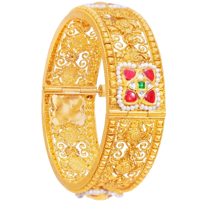 Sophisticated Antique Openable Kara With Kundan & Gemstones in 22K Gold