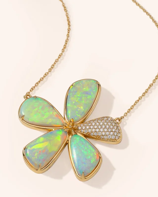 Special Edition Australian Crystal Opal & Diamond Flower Necklace