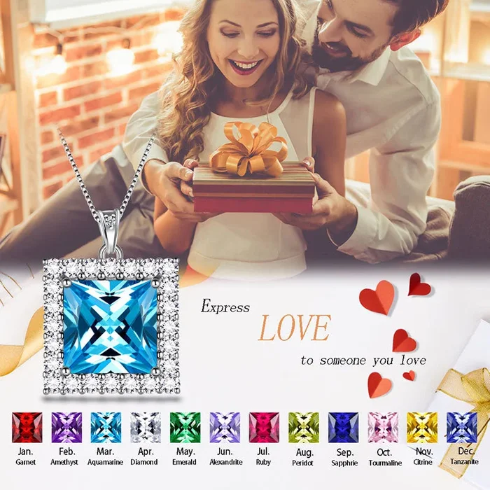 Square Birthstone Necklace Pendant Women Jewelry Birthday Gift 925 Sterling Silver
