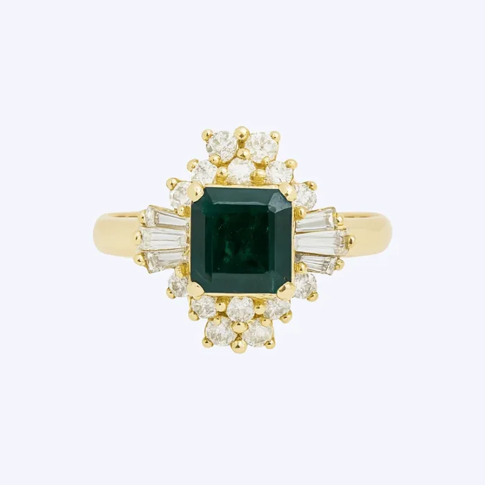 Square Emerald Ring with Diamond Cluster Accent