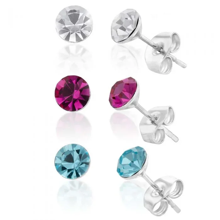 Stainless Steel Crystal Studs Set of 3 – White Aqua Fucshia