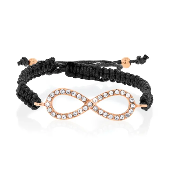 Stainless Steel Gold Plated Crystal Infinity Black Cord Bracelet