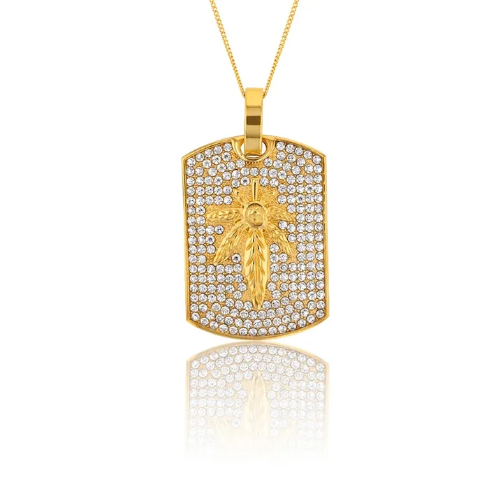 Stainless Steel Gold Plated Hemp Leaf Crystal Set Dogtag Pendant