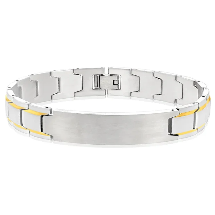 Stainless Steel Gold Stripe With ID Plate 21cm Bracelet