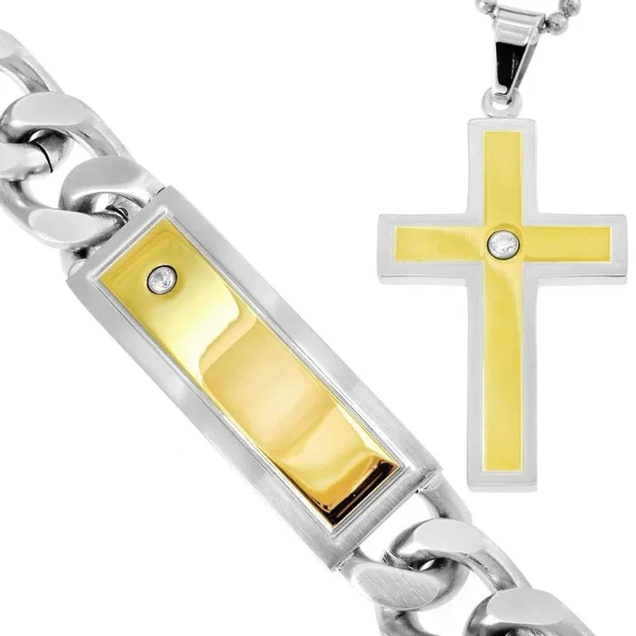 Stainless Steel Natural Diamond 24-inch Cross Box Set Pendant