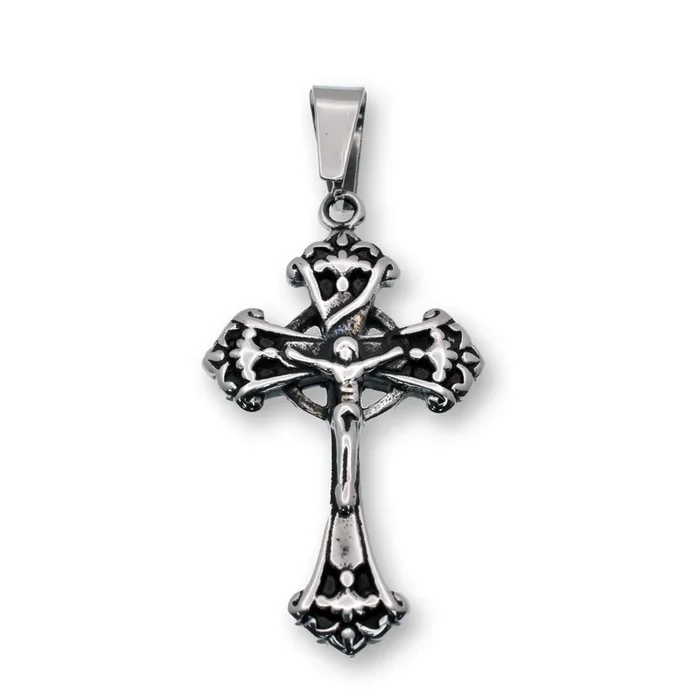 Stainless Steel Oxidized Finish Ornate Crucifix Cross Filigree 23.2mm x 39.2mm Pendant – SSP00275