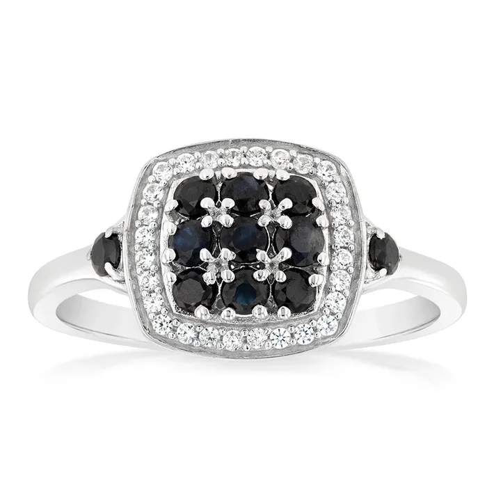Sterling Silver 0.44Ct Natural Blue Sapphire with 32White Zirconia Ring