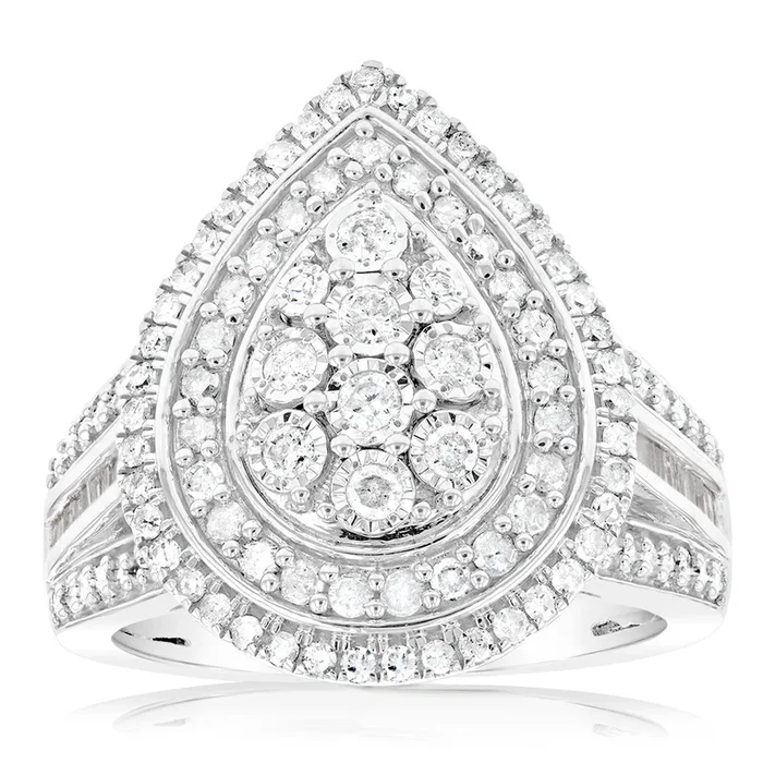 Sterling Silver 1 Carat Diamond Ring With 110 Brilliant & 22 Baguette Cut Diamonds