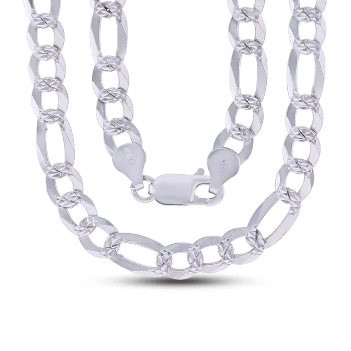 Sterling Silver 24-inch 6.7MM Diamond-cut Pave Figaro Chain