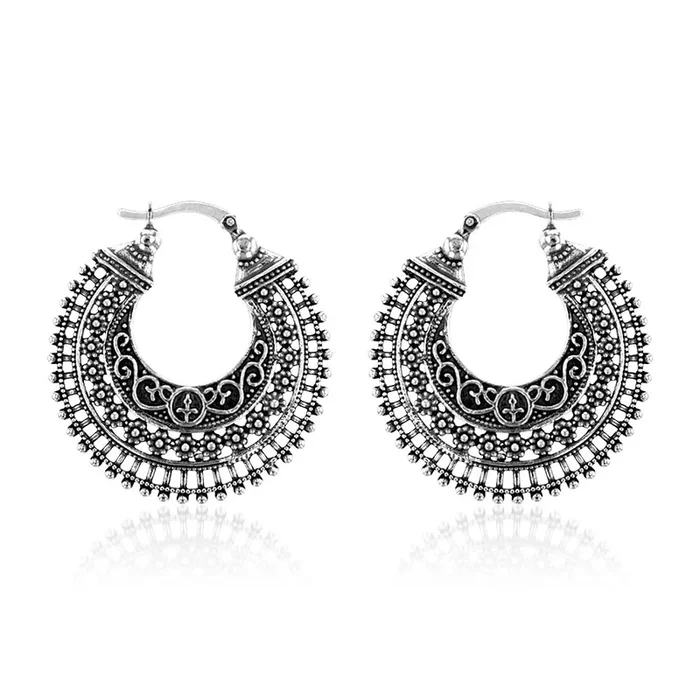 Sterling Silver Antique Pattern Hoop Earrings