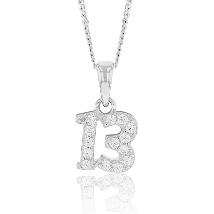 Sterling Silver Cubic Zirconia 9mm Number “13” Pendant