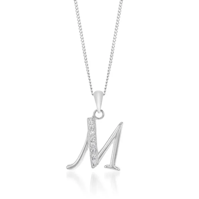 Sterling Silver Cubic Zirconia Cursive Initial “M” Pendant