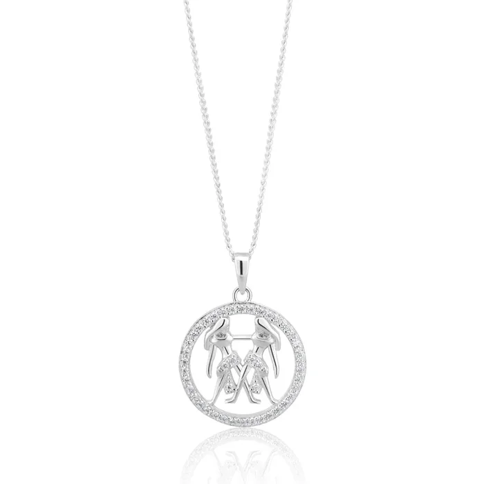 Sterling Silver Cubic Zirconia Gemini Horoscope Round 19mm x 26mm Pendant