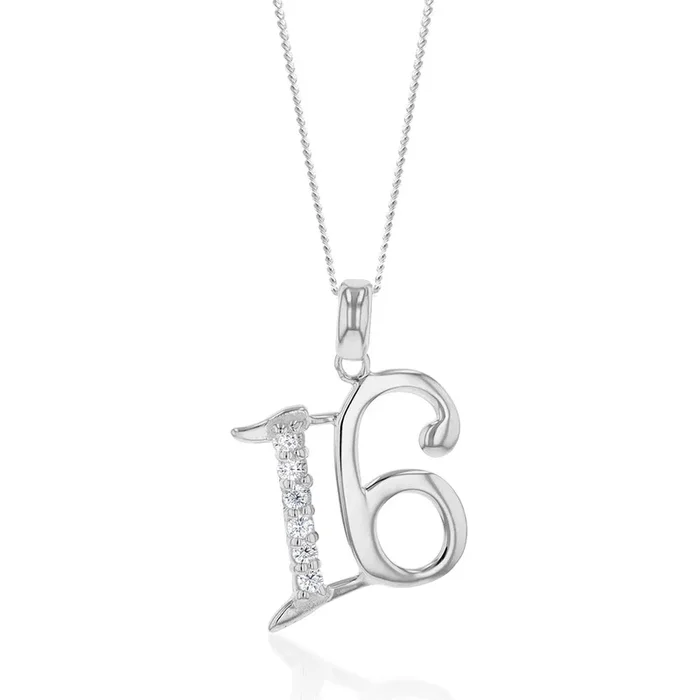 Sterling Silver Cubic Zirconia On Number “16” Pendant