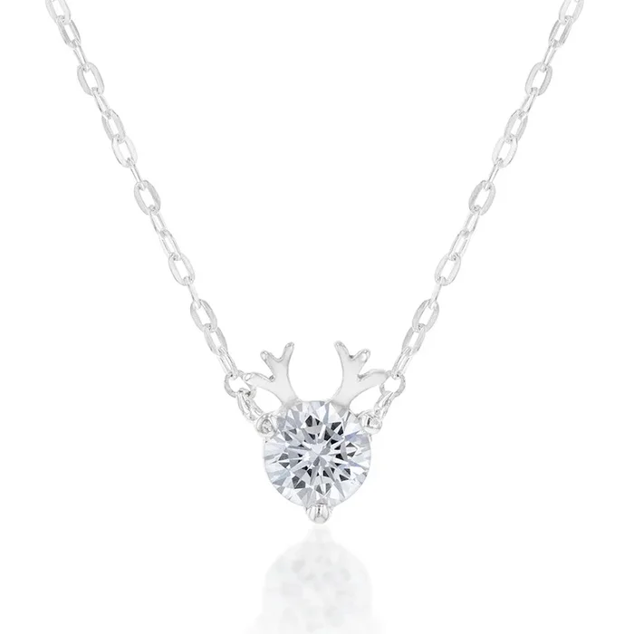 Sterling Silver Cubic Zirconia Reindeer Pendant On 45cm Chain
