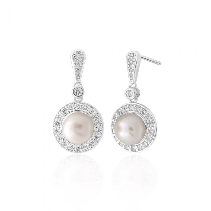 Sterling Silver Freshwater Pearl and White Zirconia Circle Drop Earrings