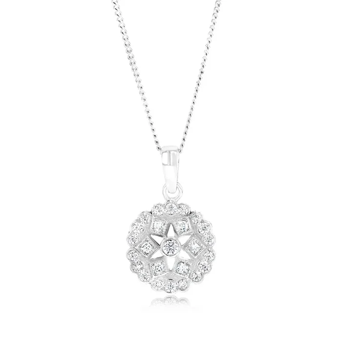 Sterling Silver Geometric Flower Cubic Zirconia Pendant