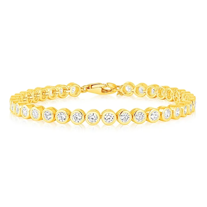 Sterling Silver Gold Plated 3mm Bezel White Cubic Zirconia 16+3cm Bracelet